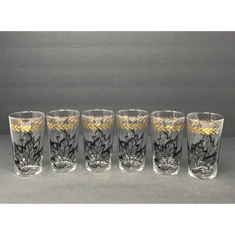 VTG Federal Glass Black Oak Leaf Gold Laurel Tumblers Set 6 MCM Drinking Glasses